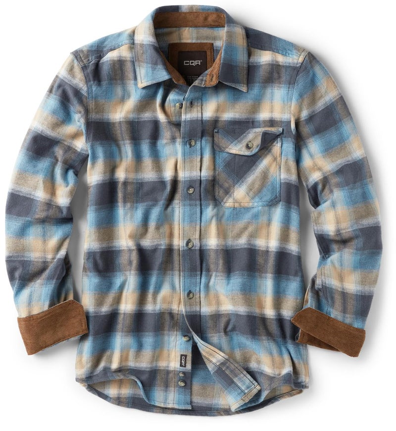 CQR Men's 100% All Cotton Button Down Flannel Shirts, Long Sleeve Brushed Warm Soft Casual Outdoor Plaid Shirt, Plaid Ocean Sand, Large - Image 1